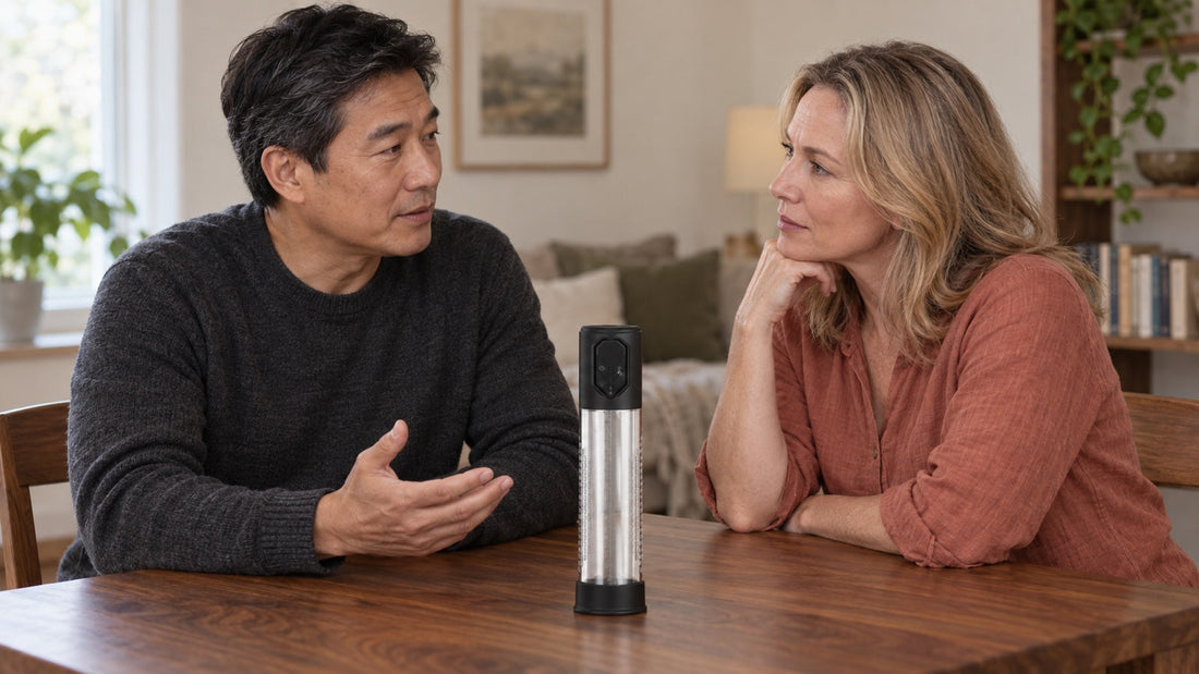 Illustration of a clothed couple talking across a table with an unused vacuum device between them.