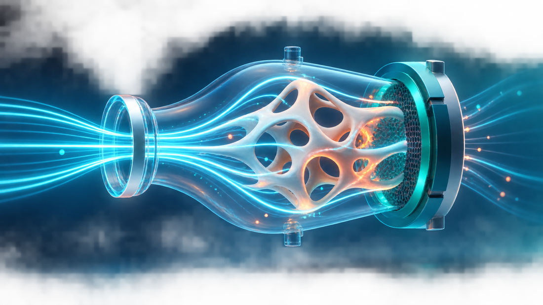 Abstract medical illustration showing pressure-driven expansion and a stabilizing support ring