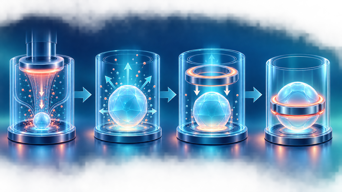 Four-stage abstract illustration showing expansion, support-ring transfer, and retention
