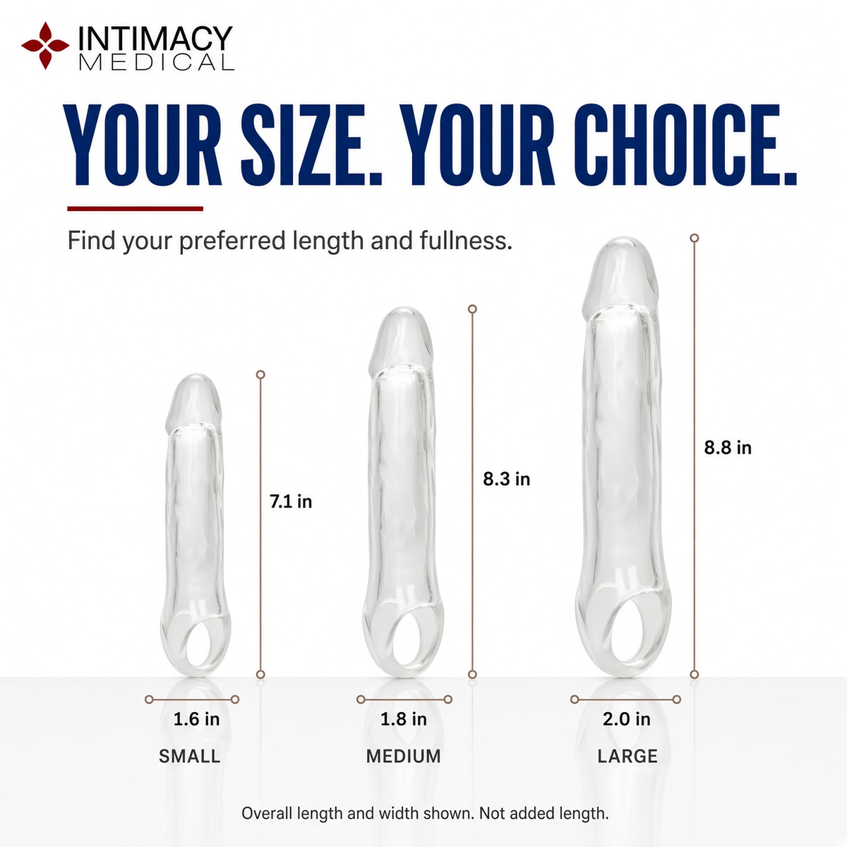 Extension Sleeve Small, Medium and Large overall length and width comparison.