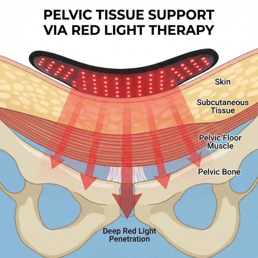 Diagram showing red and near-infrared light reaching pelvic tissue